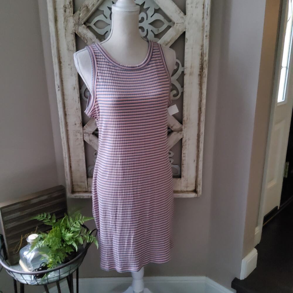 Arizona Pink Blue Stripe Ribbed Sleeveless T‑Shirt Tank Mini Dress XL Y2K Casual